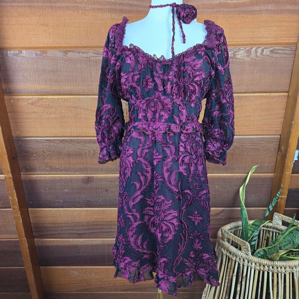 Lait Collection Women Floral Burn-Out Velvet Mini Dress M Puff Sleeve Whimsigoth